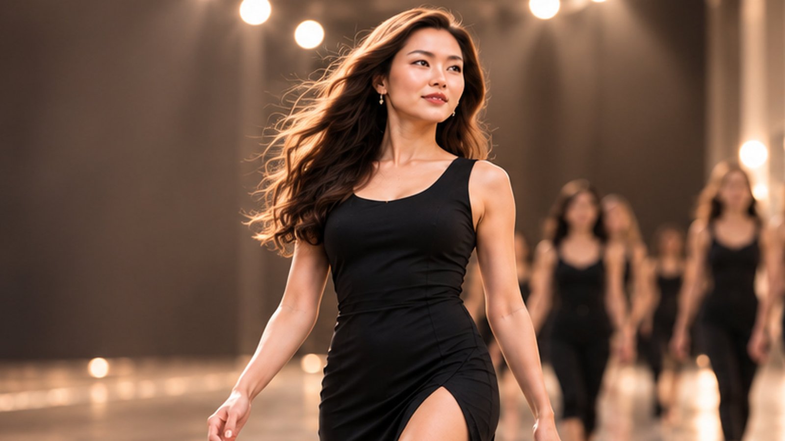 Woman confidently practising a runway walk